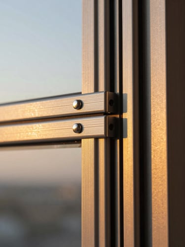 Macro close-up of premium brushed aluminum joints and structural glass edges of a cleanable guillotine window system, soft sunset light reflecting on the metallic surface, architectural precision, 35mm