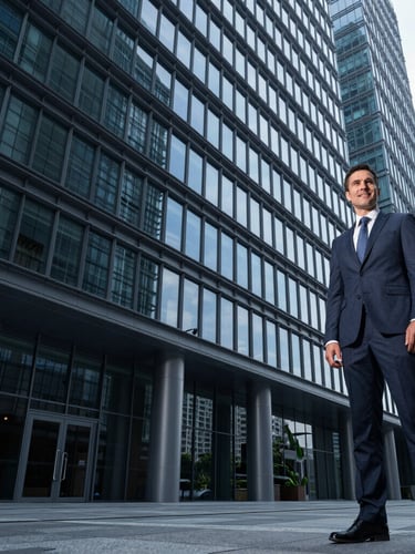 Wide environmental shot of a modern glass-and-steel business hub with a confident global executive standing in the right third, cool-toned slate daylight, high-contrast corporate editorial.