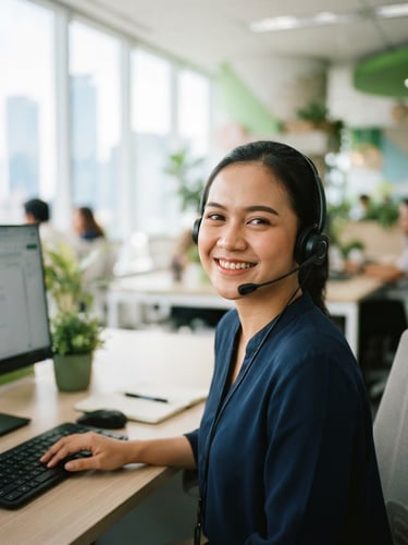 Medium close-up of a smiling Indonesian female customer service agent with a headset, bright modern office in Jakarta, natural daylight, soft green accents, 35mm photography
