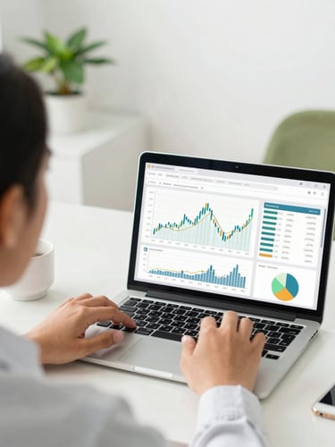 Over-the-shoulder shot of an Indonesian business owner analyzing financial charts on a laptop screen, bright modern home office, warm natural light, clean workspace