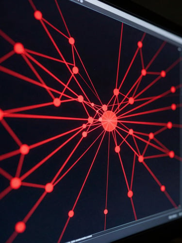 Extreme close-up of a high-resolution data visualization screen in a dark room, glowing red lines and nodes mapping collective behavior, sharp focus, low-key lighting.