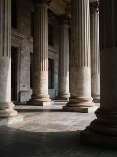Wide dramatic low-key shot of empty grand stone columns of a government palace, deep shadows, sharp cinematic lighting, high contrast.
