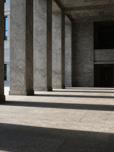 Wide environmental shot of an empty, monumental government hall with imposing concrete columns, dramatic chiaroscuro lighting, deep shadows and sharp highlights, highly institutional and silent.