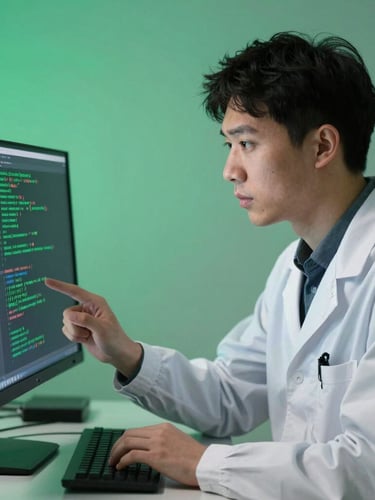 A sharp, high-contrast portrait of a digital forensics expert examining secure ledger codes on a vertical monitor, professional green lighting accents.