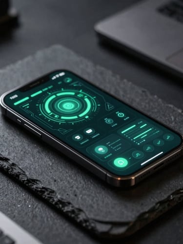 A sleek smartphone resting on a dark slate desk, screen illuminated with modern cyber-security data visualizations, sharp emerald green accents, low-key dramatic lighting, shallow depth of field.