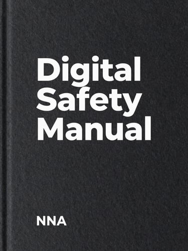 A clean minimalist book cover on a dark slate surface, titled Digital Safety Manual, professional editorial lighting, elegant shadows