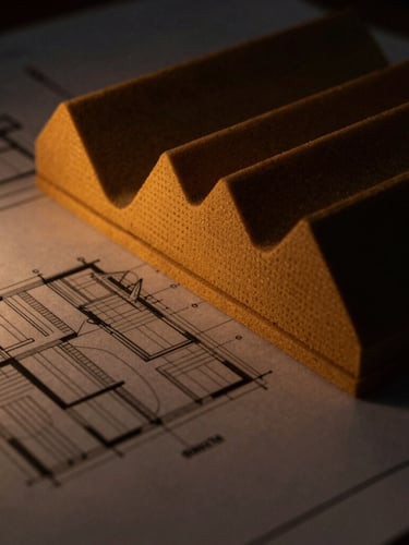 Tight macro shot of architectural blueprints showing acoustic isolation details, low-key lighting, warm amber accents, 35mm
