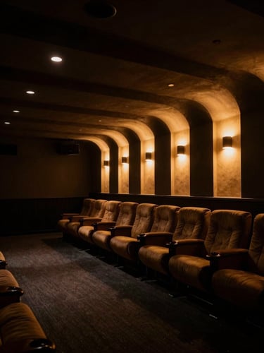 Low-key dramatic architectural lighting of a bespoke private cinema interior with warm amber glows, deep controlled shadows, anamorphic lens, 35mm