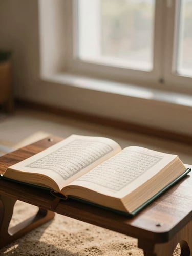 An open Quran on a wooden rehal under soft morning window light, warm sand tones, shallow depth of field, 35mm lens