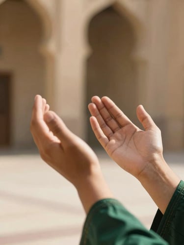 Close-up of hands raised in quiet supplication, soft shadows on traditional Islamic architecture, warm sand tones, shallow depth of field