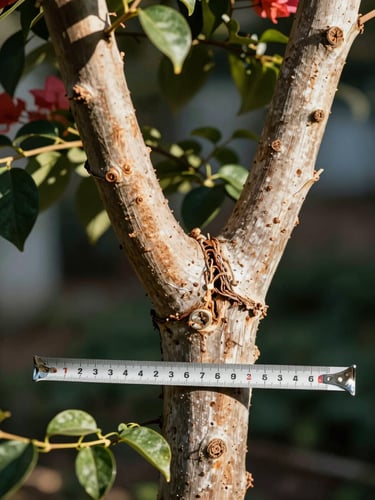 Technical close-up of a massive 15cm diameter bougainvillea graft union, measuring tape showing exact trunk width under direct sunlight.