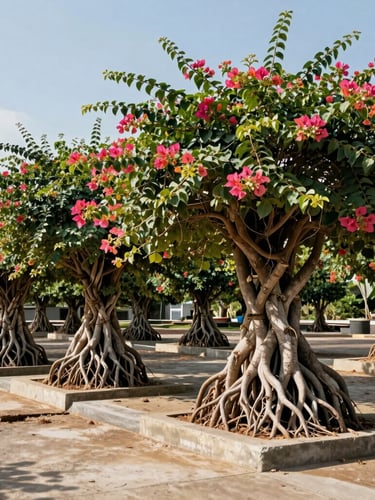 Wide-angle shot of massive, sun-hardened bougainvillea rootstocks with thick trunks lined up in a concrete staging yard under harsh tropical sun
