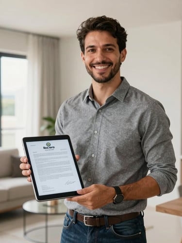 Medium-wide shot of a professional Brazilian real estate broker in a bright, modern Belém apartment, smiling, holding a tablet showing a digital contract, natural daylight.