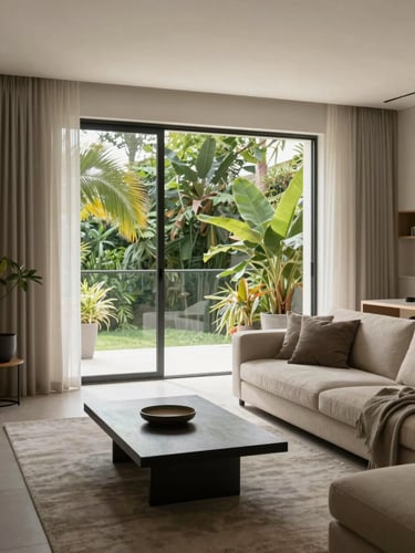 Bright residential living room in Belém, modern minimalist decor, large window showing tropical green foliage outside, soft natural afternoon light.