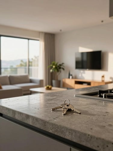 Medium-wide shot of a bright, modern apartment living room in Belém, large windows letting in warm afternoon daylight, clean minimalist furniture, a set of keys resting on a polished concrete kitchen counter in the foreground, highly realistic.