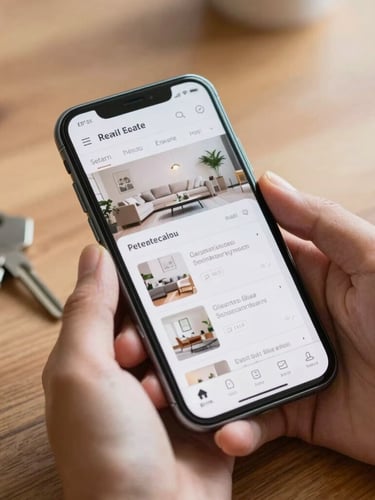 Close-up of hands holding a smartphone displaying a clean real estate dashboard, keys on a wooden table in the background, bright natural daylight.