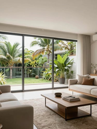 Bright modern apartment interior in Belém, large window showing tropical green foliage outside, clean Scandinavian furniture, high-key natural daylight, wide angle portrait framing