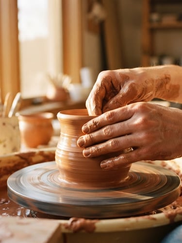 Close-up of hands shaping wet terracotta clay on a pottery wheel, golden hour window light, warm and tactile, 35mm photography