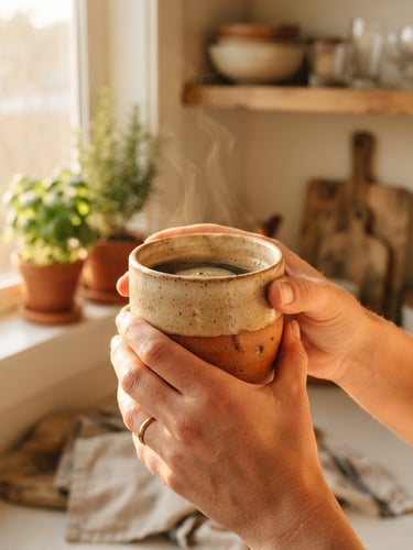 Close-up of hands holding a steaming terracotta mug filled with coffee, warm golden-hour window light, highly tactile glaze texture, cozy kitchen background, 35mm