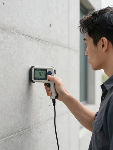 Medium-close shot of a certified inspector using a digital measuring device against a bright, modern concrete wall, neutral daylight.