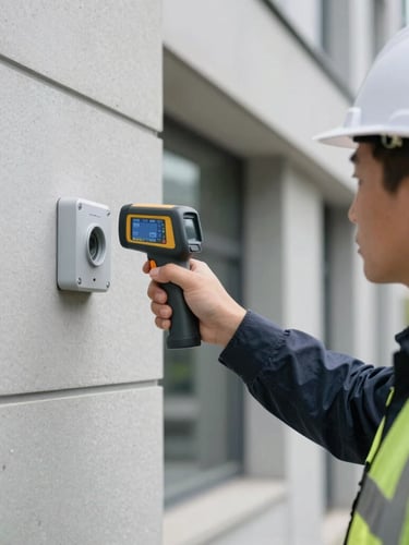 Medium-close shot of a certified inspector using a digital thermal scanner on a modern building wall, neutral daylight