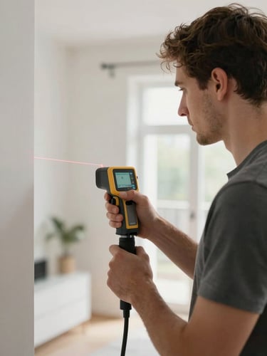 Medium-close shot of a certified inspector using a digital laser measuring device inside a bright, modern Belgian apartment with clean neutral daylight.