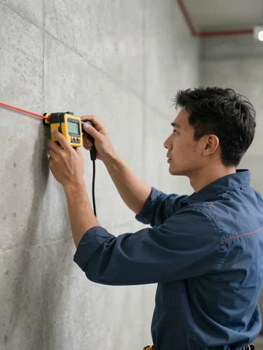 Straight-on medium-close shot of a certified inspector in a bright, neutral-lit utility room, using a digital laser measure on a clean concrete wall, technical precision focus.