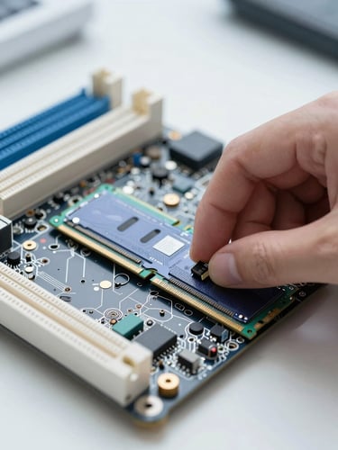 Macro photograph of clean motherboard components, hands carefully installing RAM, bright natural daylight mixed with cool-toned workbench lighting, 50mm sharp focus.