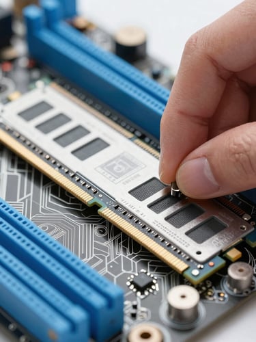 Macro close-up of a clean motherboard component being installed, hands carefully inserting a RAM stick, bright natural daylight, cool blue accents, sharp focus, shallow depth of field, 50mm