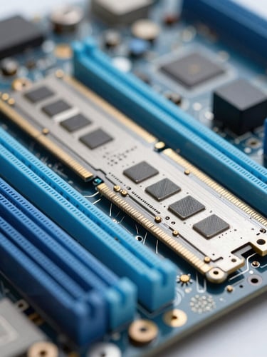 Macro photograph of clean motherboard components with cool blue workbench lighting, sharp focus on RAM slots, 50mm shallow depth of field