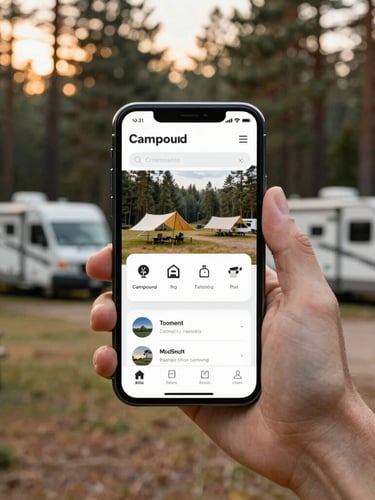 A close-up of a hand holding a modern smartphone displaying a clean campground dashboard, soft-focus background of an RV park at golden hour with warm sunlight filtering through pine trees.