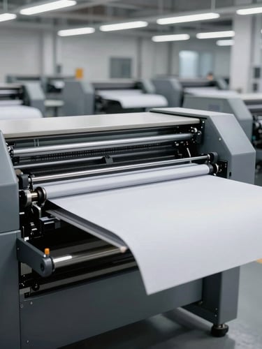 Wide shot of a modern, clean factory floor with heavy-duty offset printing presses, sharp studio lighting, industrial precision, 50mm lens.