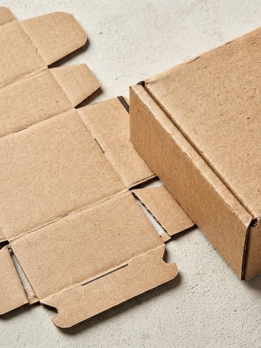 Extreme close-up overhead flat-lay of a disassembled corrugated box dieline next to a perfectly folded finished box, sharp studio lighting, high contrast, ink on paper texture visible.