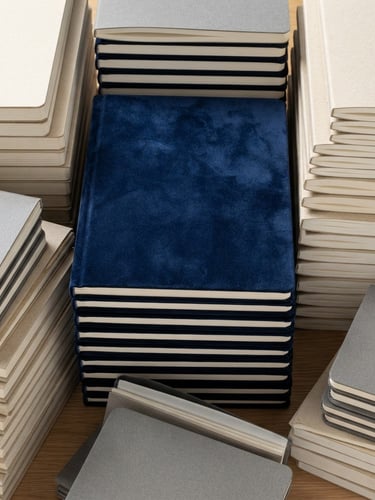Overhead flat-lay of neatly stacked custom notebooks and attendance registers, showing crisp paper edges and a velvet-laminated cover, sharp studio lighting, high-contrast tactile textures, rich paper details, macro lens, 50mm.