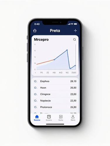 Vista frontal de um smartphone moderno exibindo um gráfico limpo de comparação de preços em tempo real, fundo branco puro, iluminação de estúdio brilhante sem sombras.