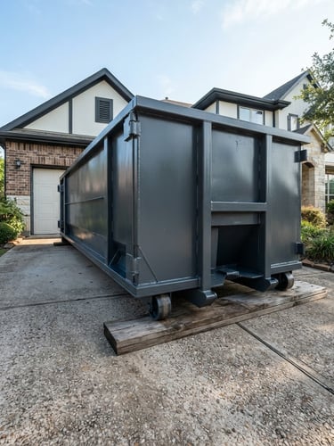 Low-angle wide shot of a freshly painted charcoal roll-off dumpster placed precisely on a residential driveway, protective wooden planks under the steel wheels, bright morning daylight, crisp metal textures.
