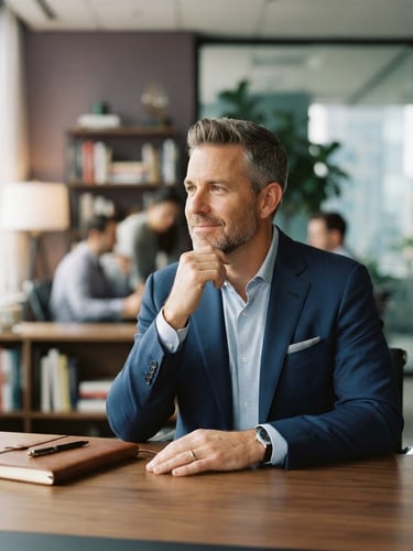 Professional environmental portrait of Bradley S. Miller, mid-shot, in a modern, well-lit office, looking thoughtfully to the left, shallow depth of field, muted amethyst and aquamarine tones.