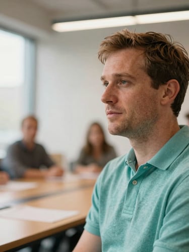 Bradley S. Miller facilitating a workshop, seen from a medium close-up, with warm, diffused indoor lighting, architectural details of a modern meeting space in the background, shallow depth of field.
