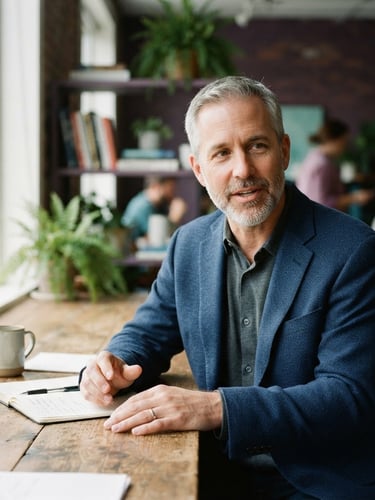 Bradley S. Miller in a thoughtful, candid professional setting, perhaps mid-conversation or facilitating, with soft natural window light, muted amethyst and aquamarine tones, shallow depth of field.