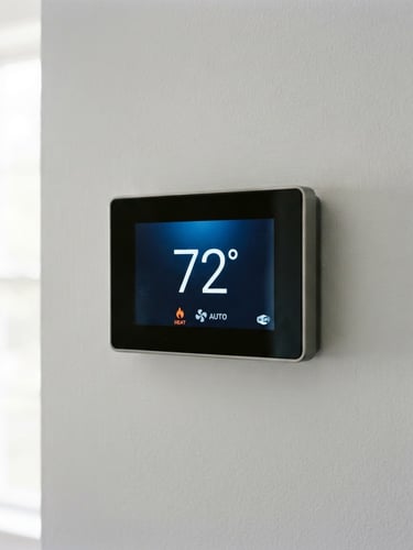 A close-up of a modern digital thermostat screen displaying seventy-two degrees, crisp natural daylight illuminating a clean residential wall, 35mm photography