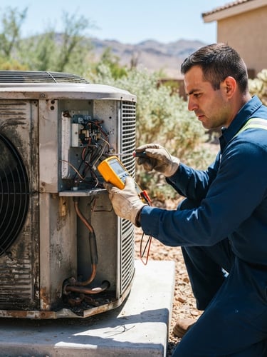 A professional HVAC technician in a clean uniform inspecting an outdoor condenser unit under bright Nevada sunlight, close-up, sharp focus, 35mm