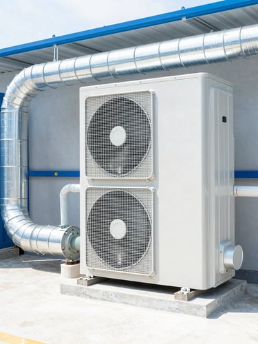 Wide environmental shot of clean ductwork and a modern HVAC condenser unit in a well-lit utility space, bright natural daylight, crisp high-contrast blue tones.