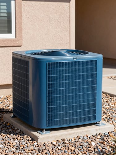 A clean HVAC condenser unit installed on a neat gravel bed next to a residential home, bright Nevada sun, sharp focus, professional trade photography