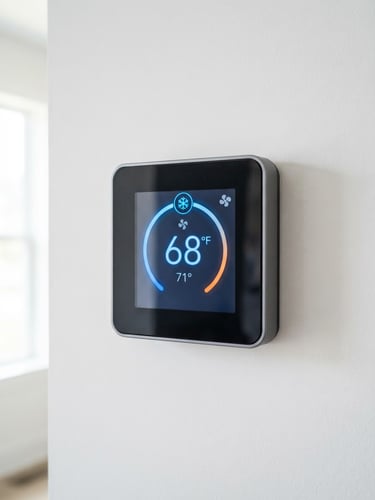 Close-up of a modern digital thermostat displaying cool temperature settings, crisp natural daylight casting soft shadows on a clean white wall, sharp focus, 35mm.