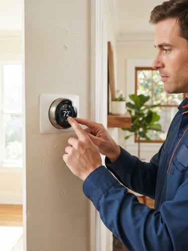 Medium close-up of a technician in a clean uniform adjusting a digital thermostat in a bright, sunlit home interior, sharp focus.