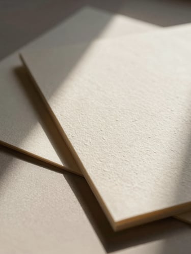 Close-up of tactile design materials, heavy textured cream paper stocks with blind debossing, soft natural window light, deep charcoal shadows, 35mm photography