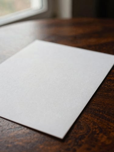 Warm editorial close-up of heavy embossed letterhead paper stock resting on a dark mocha wooden table, soft natural side lighting, shallow depth of field, 35mm