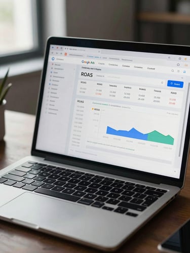 Close-up of a laptop screen displaying a live Google Ads campaign dashboard with ROAS metrics, conversion columns, and budget pacing charts, cool office daylight from the left, dark desk surface, no human subjects
