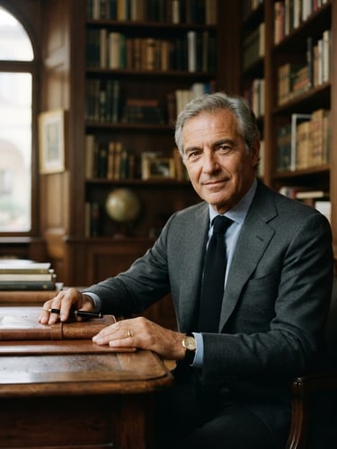 Editorial portrait of a senior Italian business executive in a modern wood-paneled library, soft natural window light, muted academic tones, shallow depth of field, 35mm.
