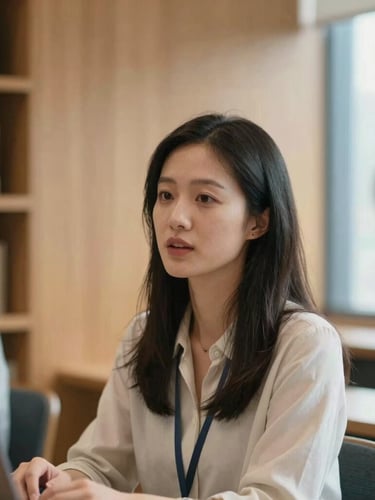 A candid medium close-up of a female professor leading an active seminar discussion in a modern wood-paneled library, soft natural window light, shallow depth of field, 35mm